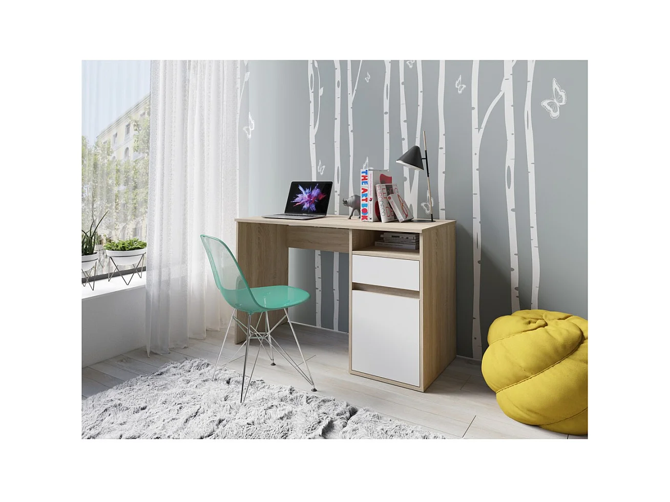Escritório BILOU em carvalho e branco – 1 gaveta, 1 porta e 2 nichos – Design bicolor e armazenamento prático