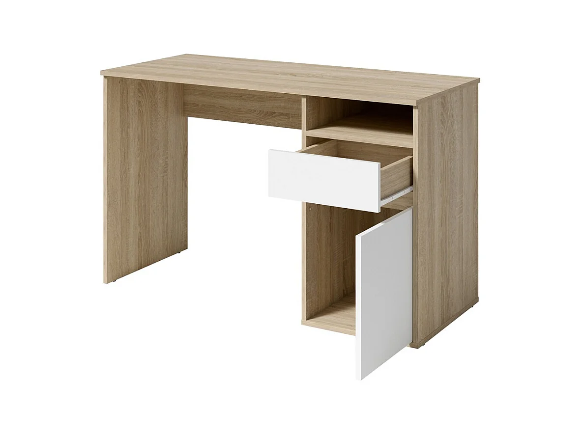 Escritório BILOU em carvalho e branco – 1 gaveta, 1 porta e 2 nichos – Design bicolor e armazenamento prático