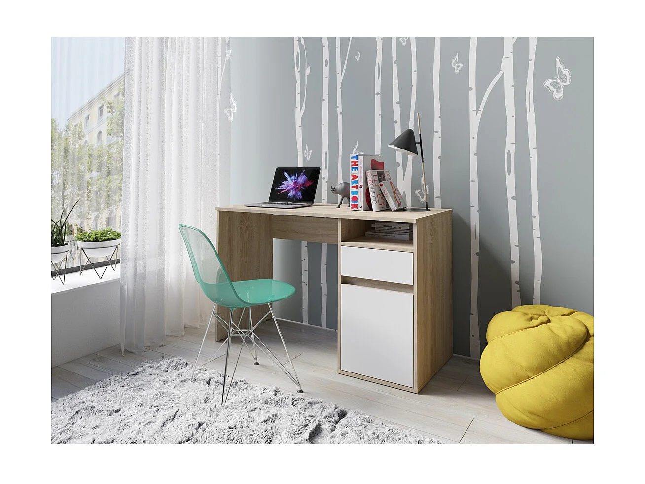 Escritório BILOU em carvalho e branco – 1 gaveta, 1 porta e 2 nichos – Design bicolor e armazenamento prático
