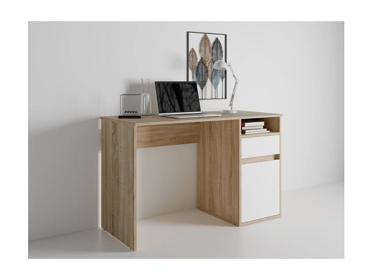 Escritório BILOU em carvalho e branco – 1 gaveta, 1 porta e 2 nichos – Design bicolor e armazenamento prático