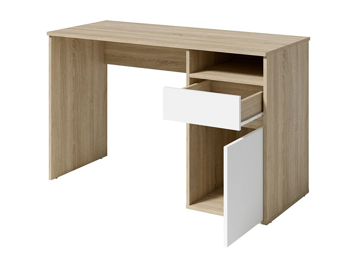 Escritório BILOU em carvalho e branco – 1 gaveta, 1 porta e 2 nichos – Design bicolor e armazenamento prático