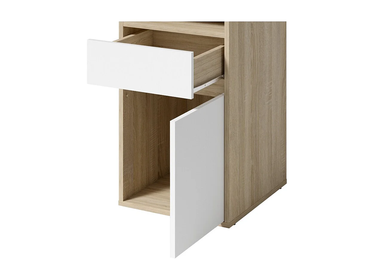 Escritório BILOU em carvalho e branco – 1 gaveta, 1 porta e 2 nichos – Design bicolor e armazenamento prático