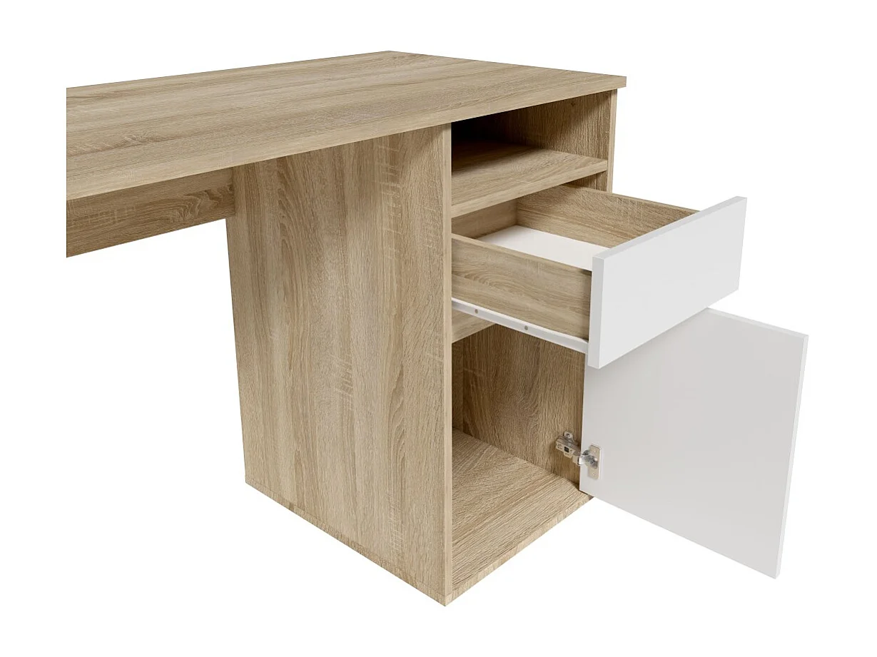 Schreibtisch BILOU Eiche und Weiß – 1 Schublade, 1 Tür und 2 Fächer – Zweifarbiges Design und praktische Aufbewahrungsmöglichkeiten