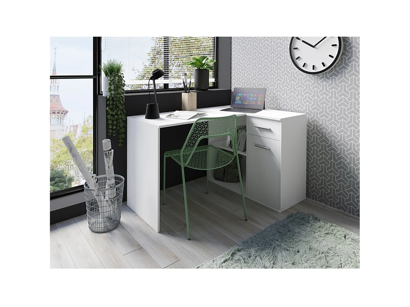 Bureau d'angle LYMA blanc – 1 gaveta, 1 porta e 2 nichos – Compacto, prático e moderno