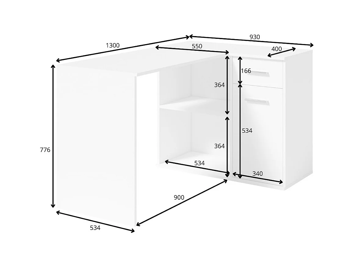 Bureau d'angle LYMA blanc – 1 gaveta, 1 porta e 2 nichos – Compacto, prático e moderno