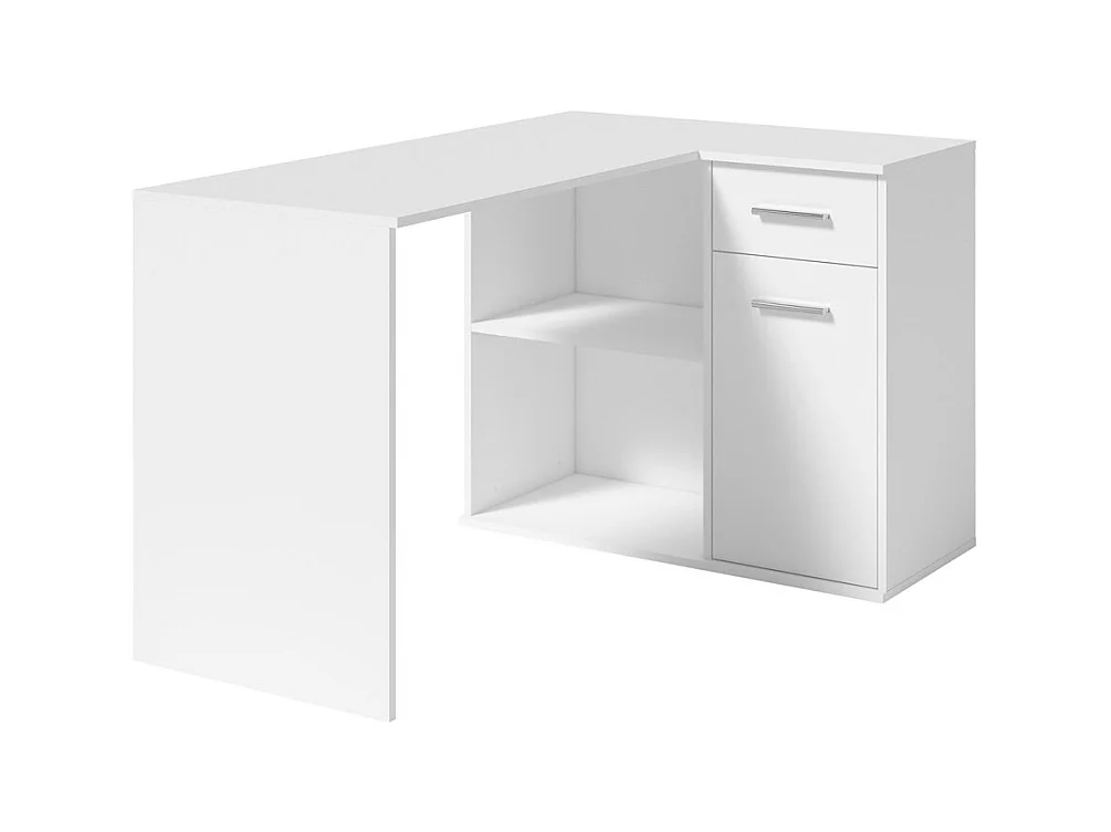 Bureau d'angle LYMA blanc – 1 tiroir, 1 porte et 2 niches – Compact, pratique et moderne