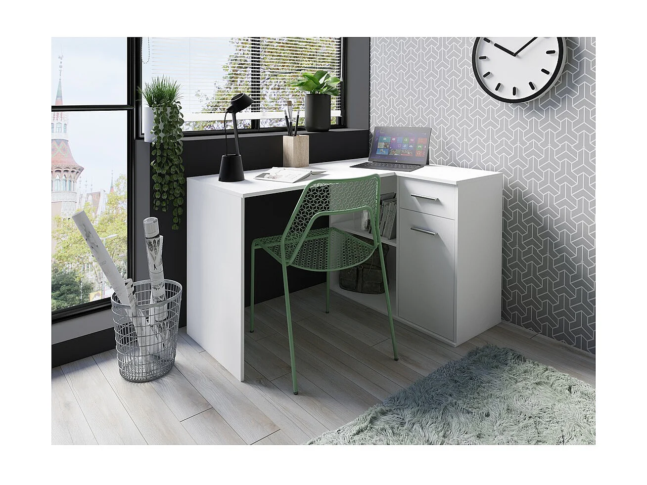 Bureau d'angle LYMA blanc – 1 tiroir, 1 porte et 2 niches – Compact, pratique et moderne