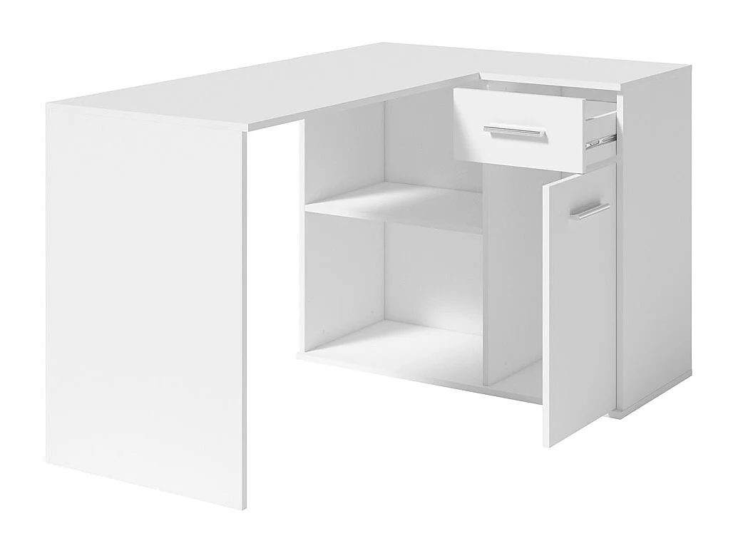 Bureau d'angle LYMA blanc – 1 tiroir, 1 porte et 2 niches – Compact, pratique et moderne
