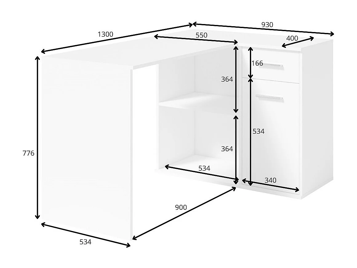 Bureau d'angle LYMA blanc – 1 tiroir, 1 porte et 2 niches – Compact, pratique et moderne