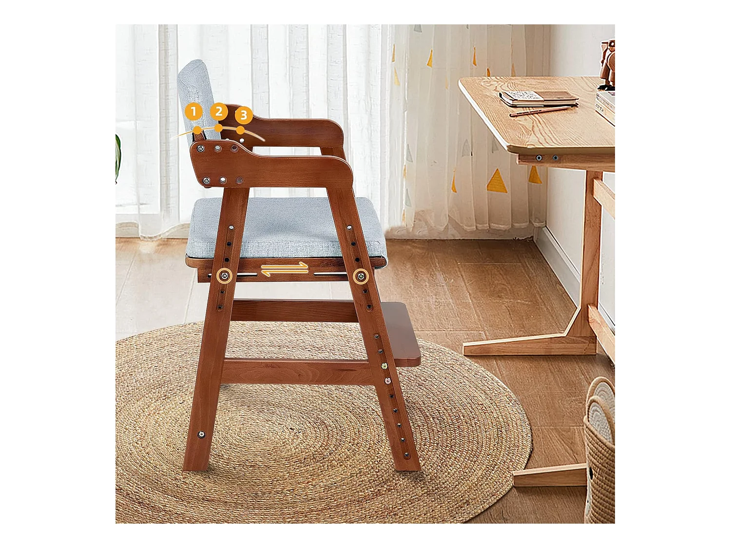 Chaise Haute en Bois, 6 Hauteurs Réglables Stable Chaise Supporte 90KG pour Bébés, Enfants et Adultes bois de hêtre (Noyer)