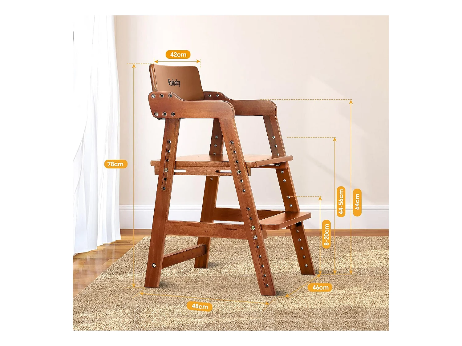Chaise Haute en Bois, 6 Hauteurs Réglables Stable Chaise Supporte 90KG pour Bébés, Enfants et Adultes bois de hêtre (Noyer)