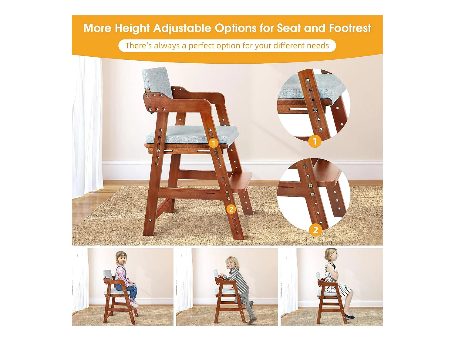 Chaise Haute en Bois, 6 Hauteurs Réglables Stable Chaise Supporte 90KG pour Bébés, Enfants et Adultes bois de hêtre (Noyer)