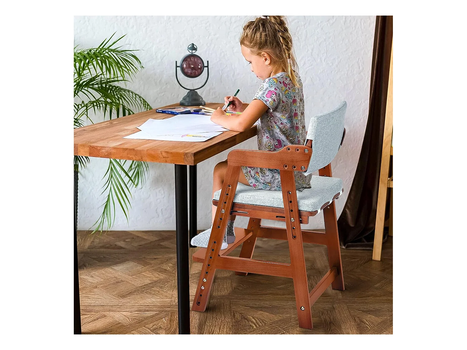 Chaise Haute en Bois, 6 Hauteurs Réglables Stable Chaise Supporte 90KG pour Bébés, Enfants et Adultes bois de hêtre (Noyer)