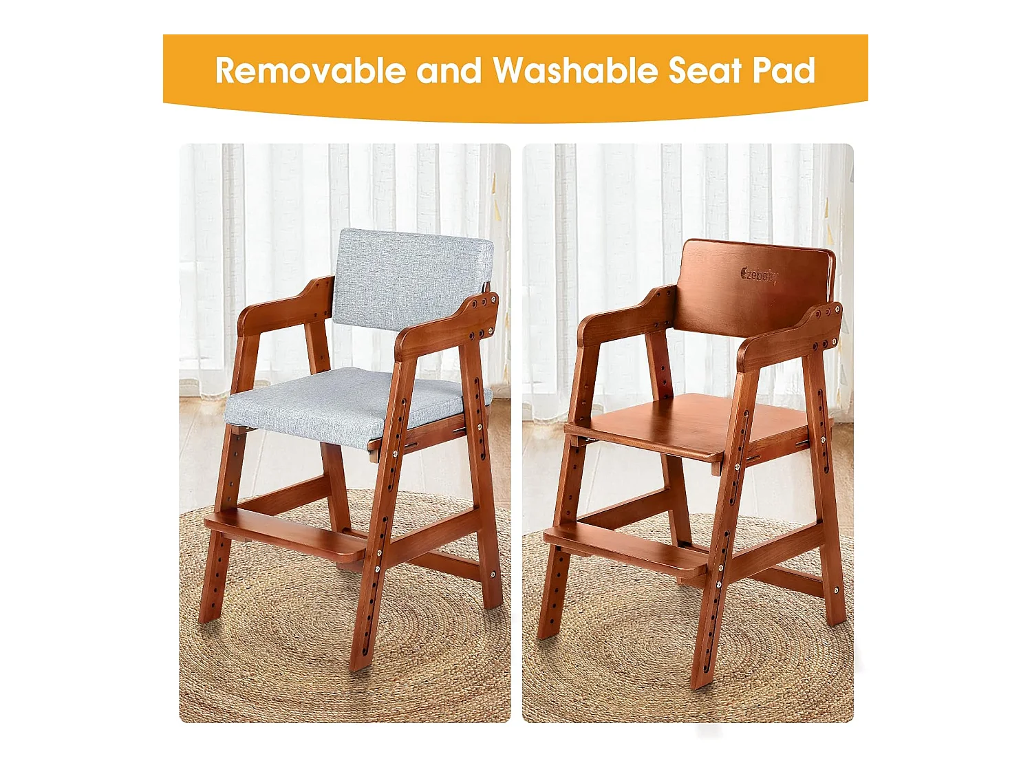 Chaise Haute en Bois, 6 Hauteurs Réglables Stable Chaise Supporte 90KG pour Bébés, Enfants et Adultes bois de hêtre (Noyer)