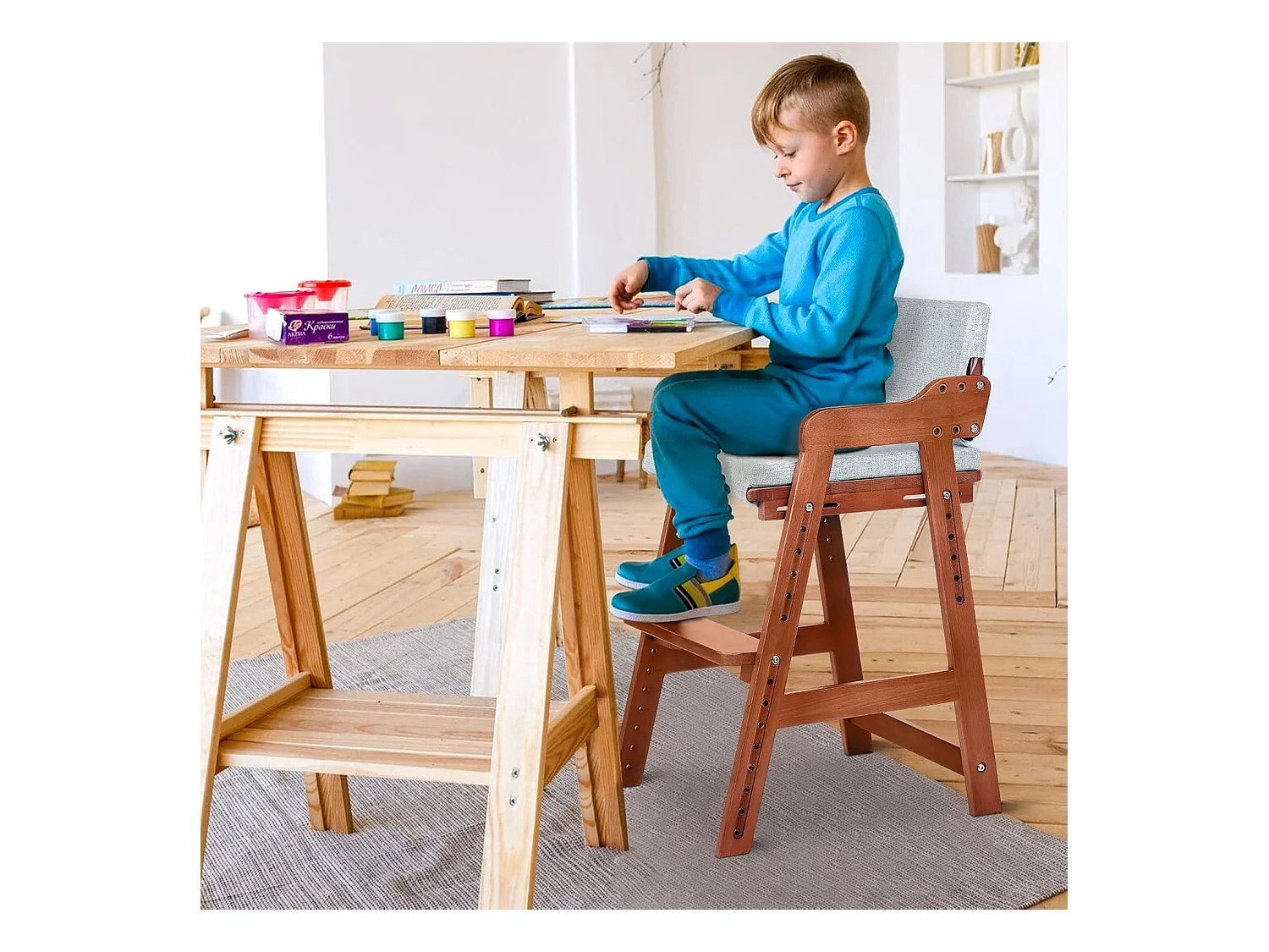 Chaise Haute en Bois, 6 Hauteurs Réglables Stable Chaise Supporte 90KG pour Bébés, Enfants et Adultes bois de hêtre (Noyer)