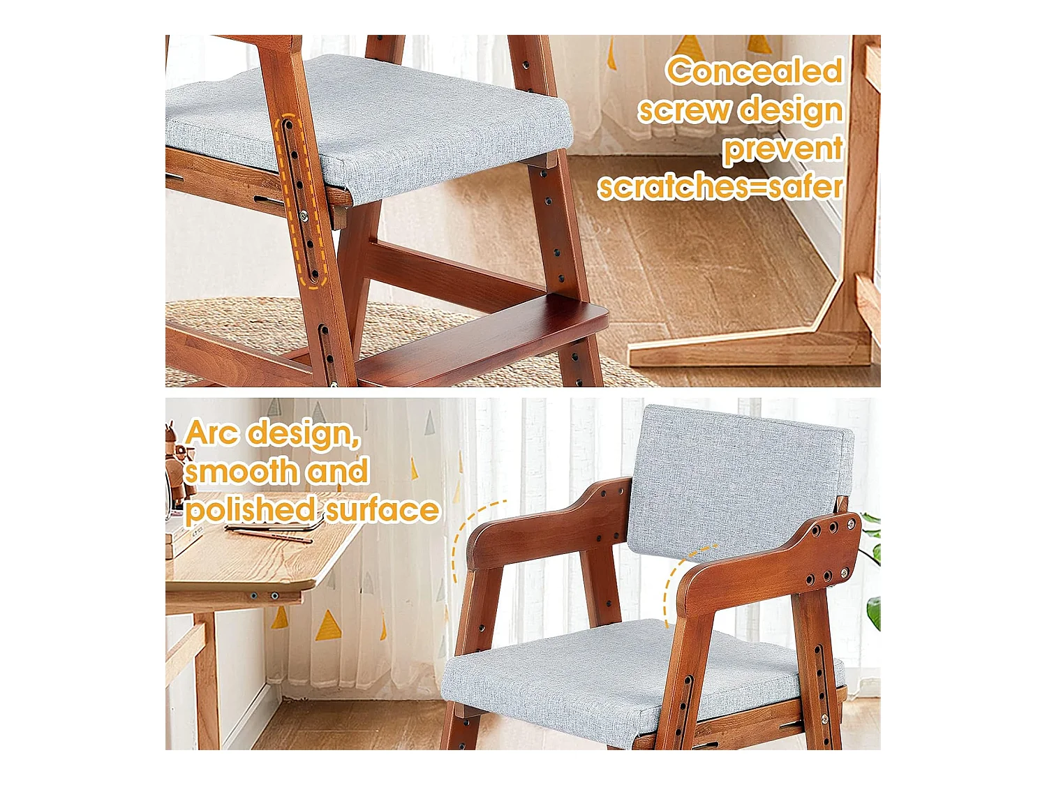 Chaise Haute en Bois, 6 Hauteurs Réglables Stable Chaise Supporte 90KG pour Bébés, Enfants et Adultes bois de hêtre (Noyer)