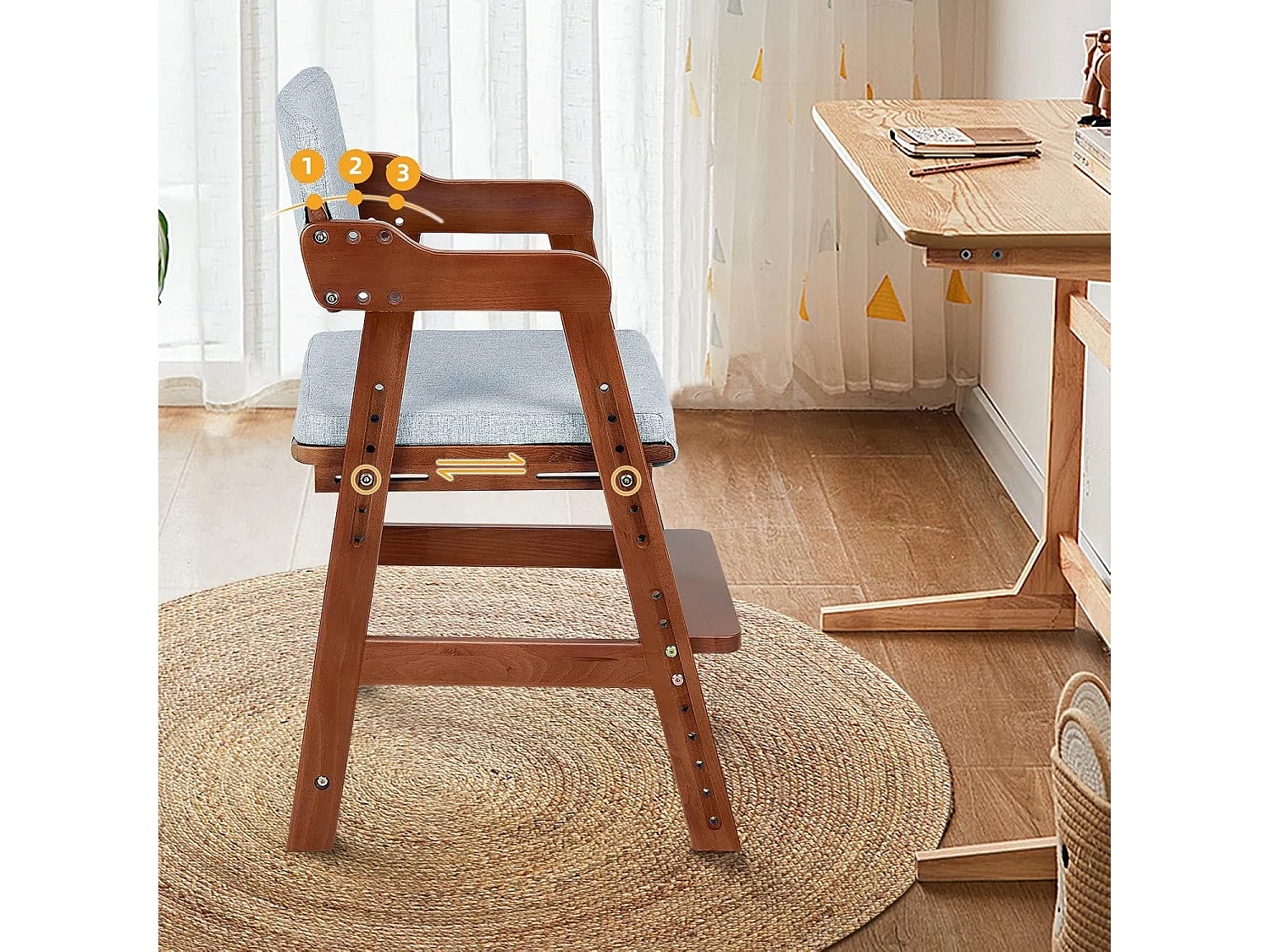 Chaise Haute en Bois, 6 Hauteurs Réglables Stable Chaise Supporte 90KG pour Bébés, Enfants et Adultes bois de hêtre (Noyer)