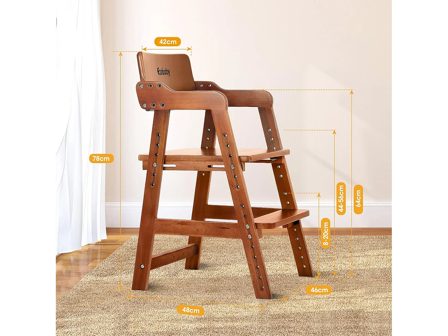 Chaise Haute en Bois, 6 Hauteurs Réglables Stable Chaise Supporte 90KG pour Bébés, Enfants et Adultes bois de hêtre (Noyer)