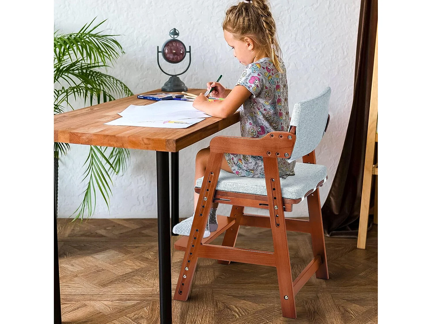 Chaise Haute en Bois, 6 Hauteurs Réglables Stable Chaise Supporte 90KG pour Bébés, Enfants et Adultes bois de hêtre (Noyer)