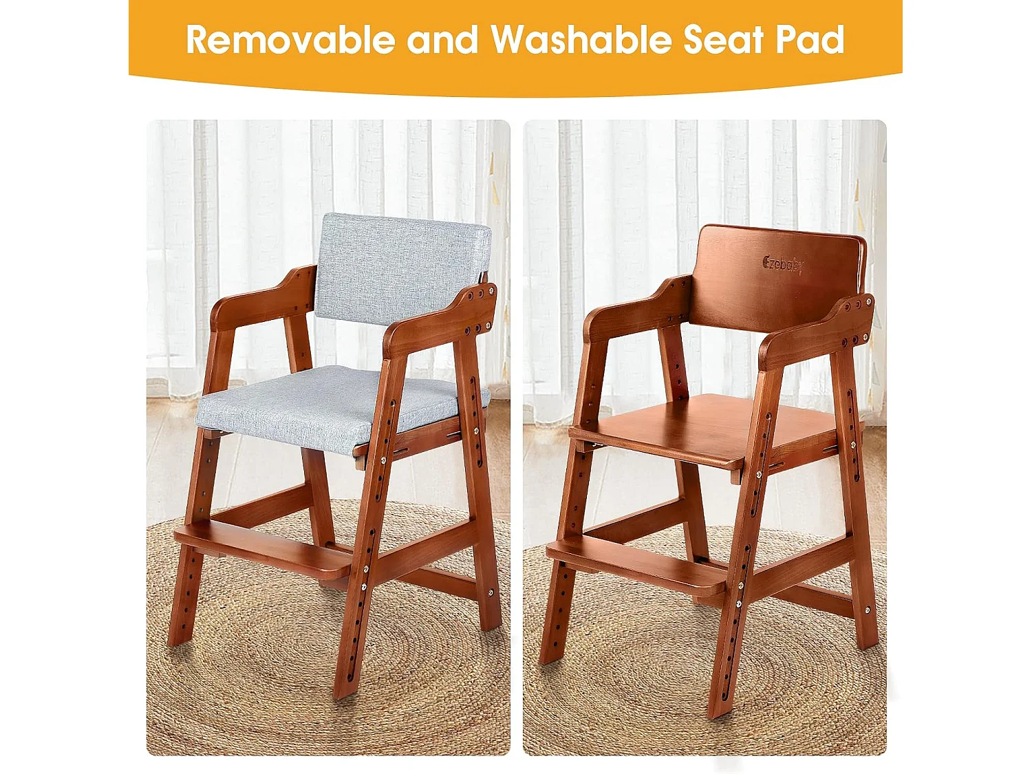 Chaise Haute en Bois, 6 Hauteurs Réglables Stable Chaise Supporte 90KG pour Bébés, Enfants et Adultes bois de hêtre (Noyer)