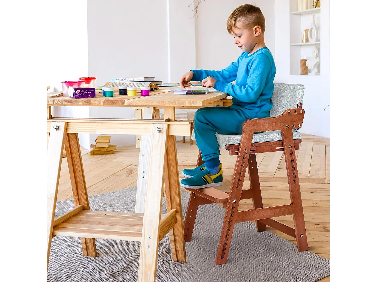 Chaise Haute en Bois, 6 Hauteurs Réglables Stable Chaise Supporte 90KG pour Bébés, Enfants et Adultes bois de hêtre (Noyer)