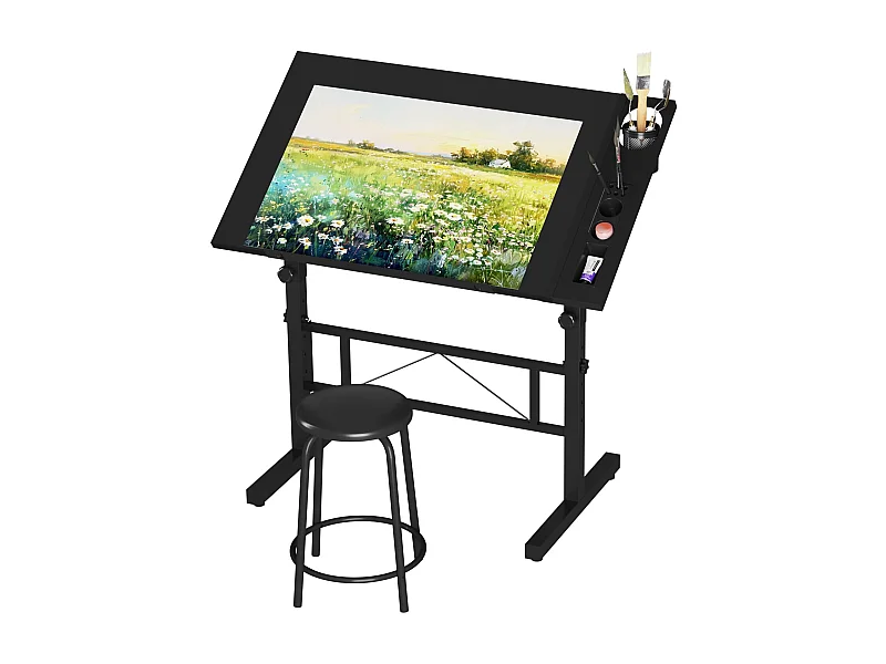 Table à Dessin Inclinable Bureau à Dessin Réglable avec Tabouret Table de Travail Relevable 0°-60° pour Dessinateur Architecte Peintre Ingénieur, Moderne, Noir