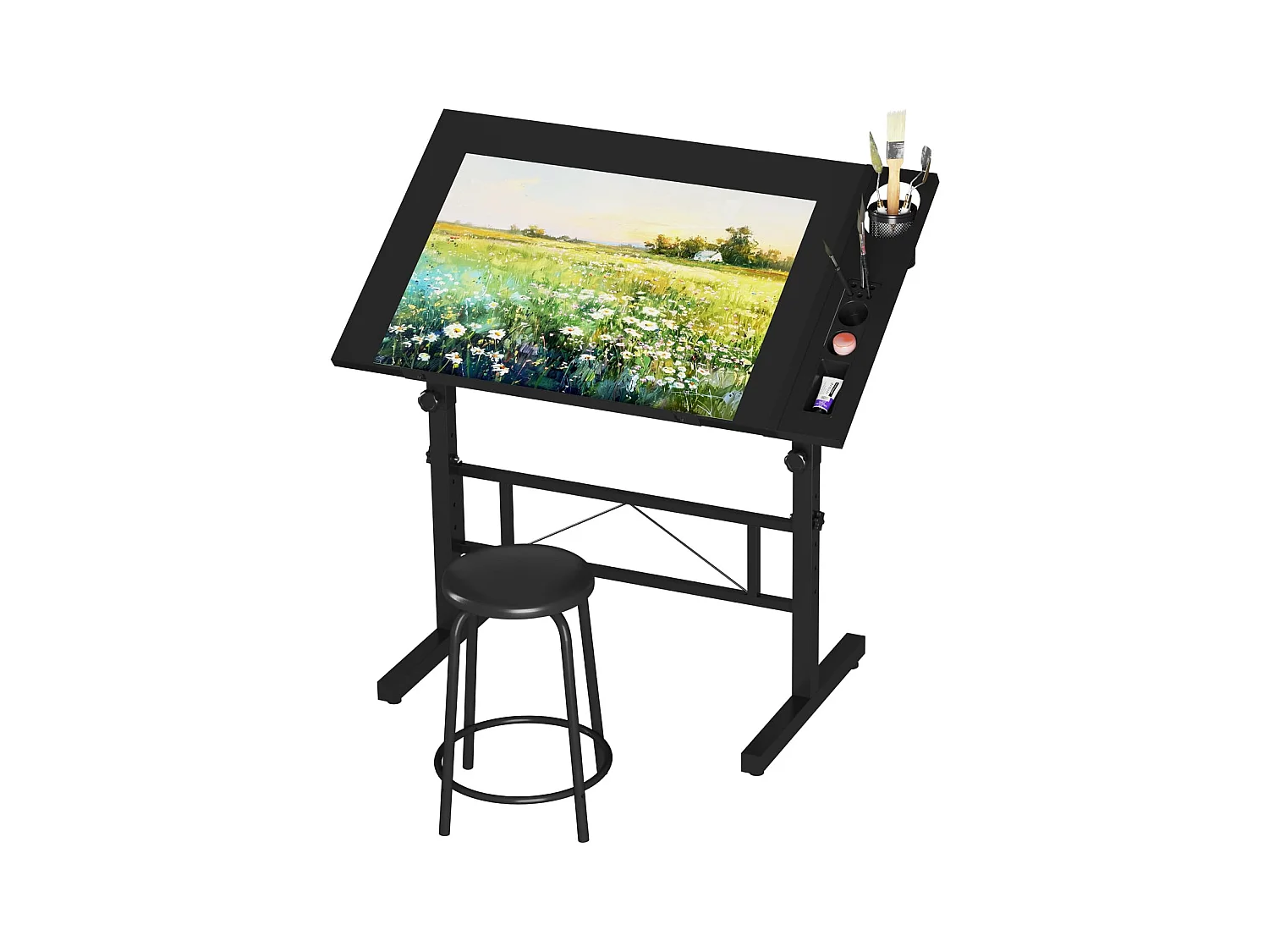 Kantelbare tekentafel, verstelbaar tekenbureau met kruk, heftafel 0°-60° voor tekenaar, architect, schilder, ingenieur, modern, zwart