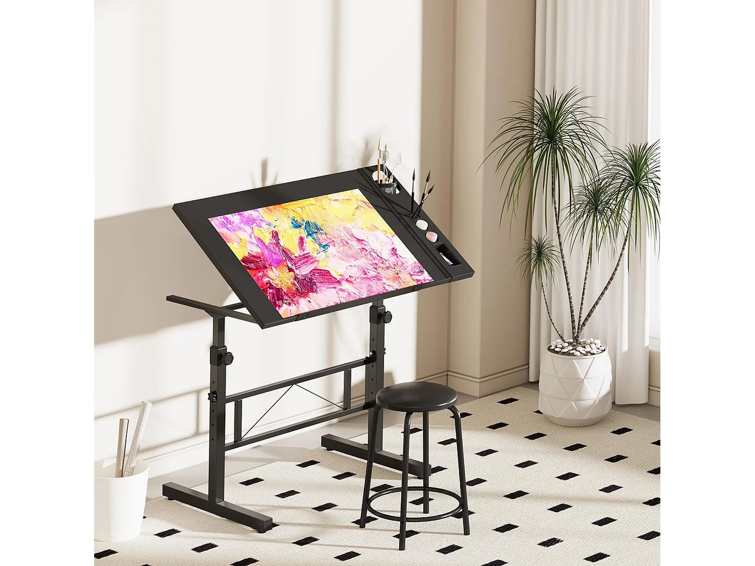 Kantelbare tekentafel, verstelbaar tekenbureau met kruk, heftafel 0°-60° voor tekenaar, architect, schilder, ingenieur, modern, zwart