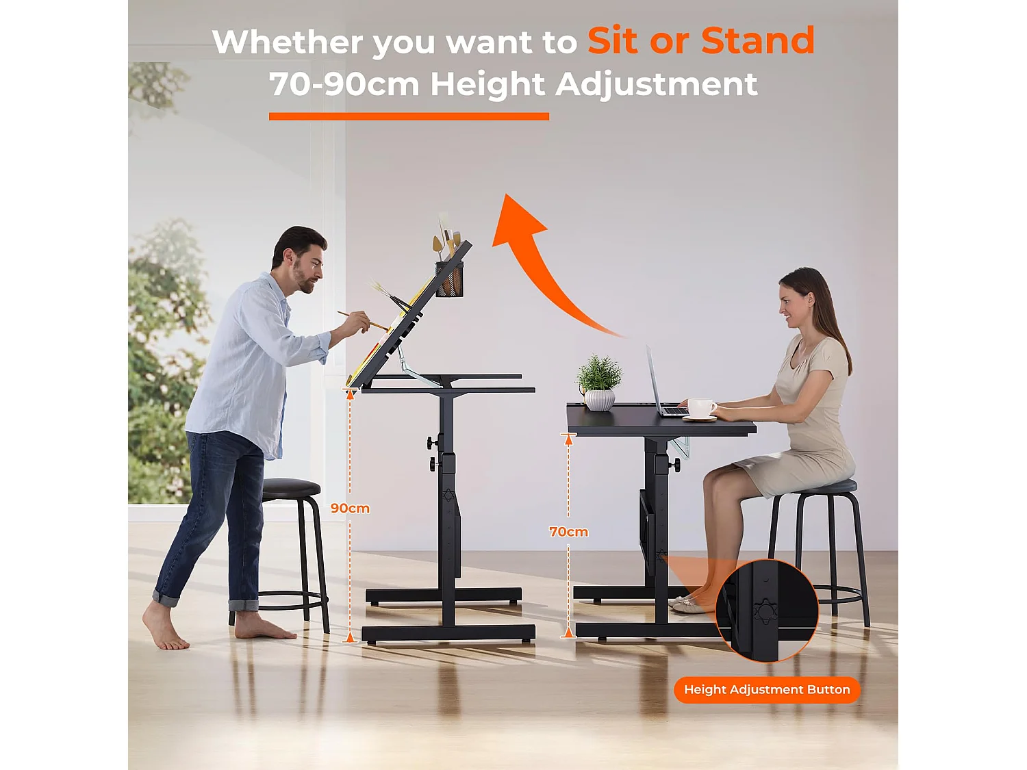 Kantelbare tekentafel, verstelbaar tekenbureau met kruk, heftafel 0°-60° voor tekenaar, architect, schilder, ingenieur, modern, zwart