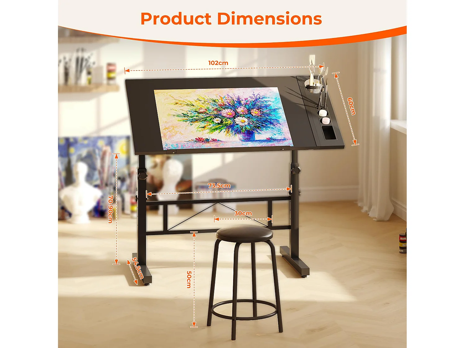 Kantelbare tekentafel, verstelbaar tekenbureau met kruk, heftafel 0°-60° voor tekenaar, architect, schilder, ingenieur, modern, zwart