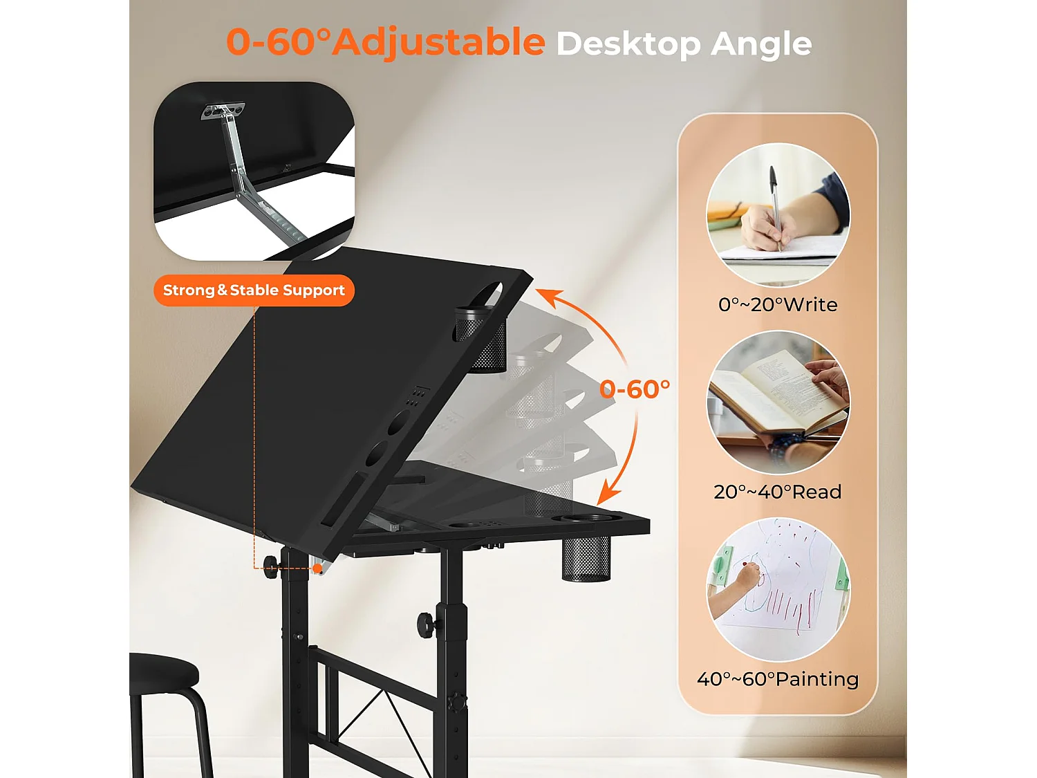 Kantelbare tekentafel, verstelbaar tekenbureau met kruk, heftafel 0°-60° voor tekenaar, architect, schilder, ingenieur, modern, zwart