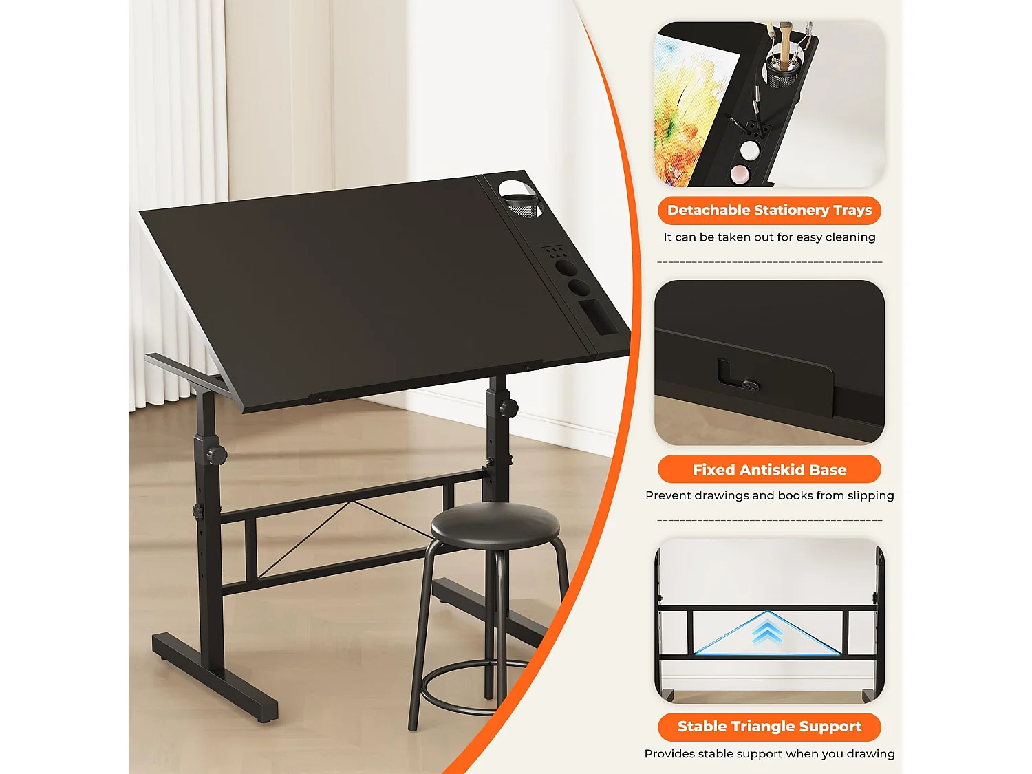 Kantelbare tekentafel, verstelbaar tekenbureau met kruk, heftafel 0°-60° voor tekenaar, architect, schilder, ingenieur, modern, zwart