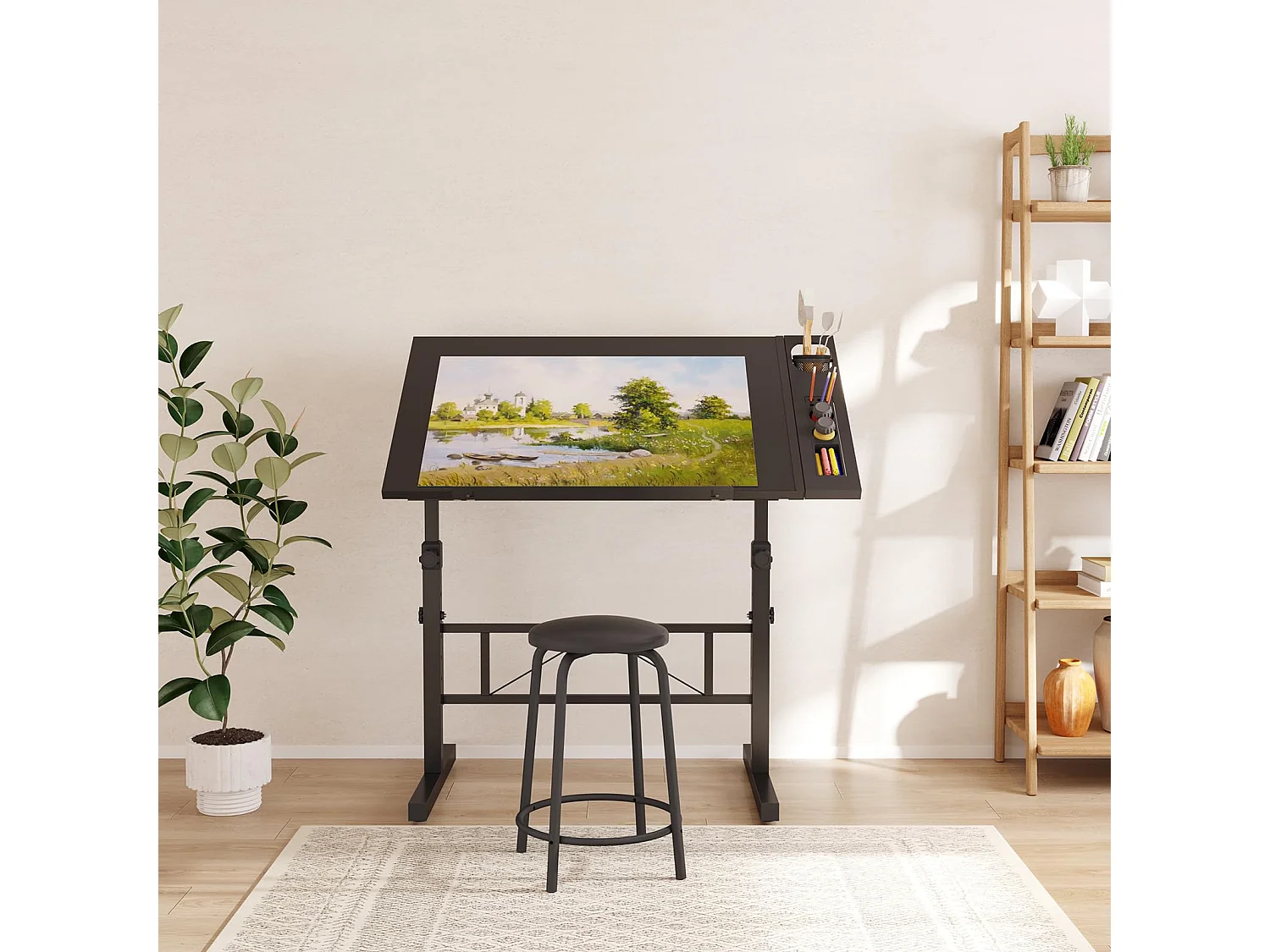 Table à Dessin Inclinable Bureau à Dessin Réglable avec Tabouret Table de Travail Relevable 0°-60° pour Dessinateur Architecte Peintre Ingénieur, Moderne, Noir