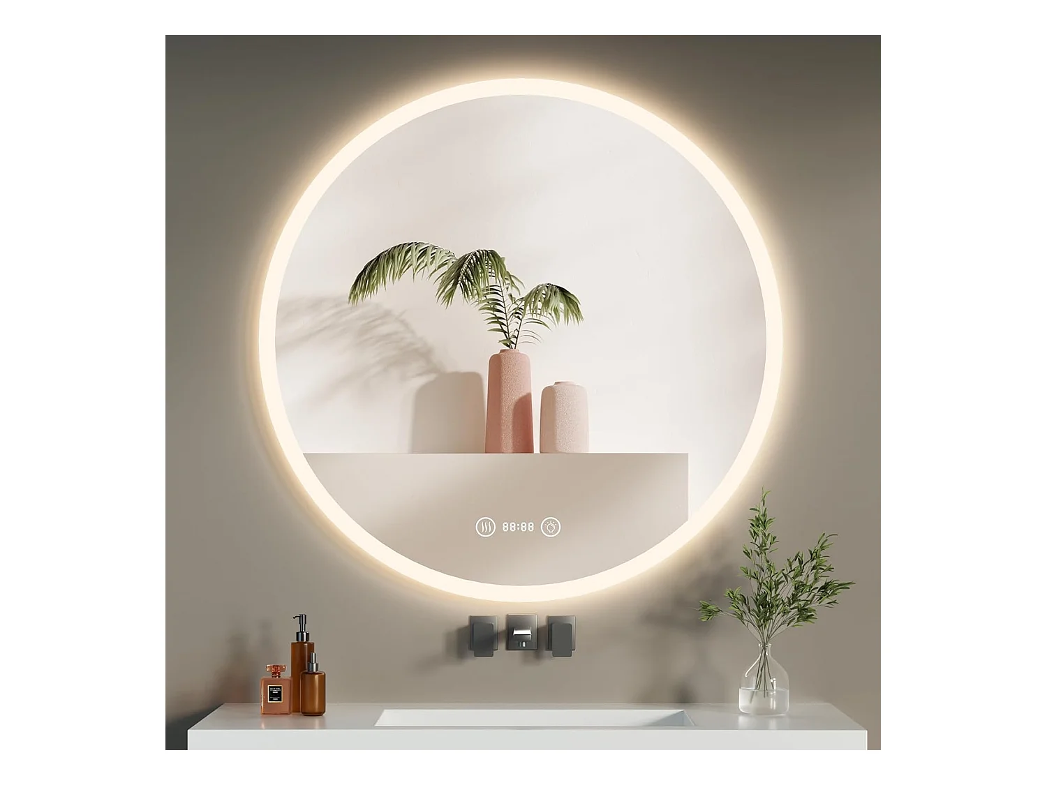 Miroir de Bain Rond YOLEO avec Éclairage, 70 cm, Miroir LED pour Salle de Bain avec Horloge, Thermomètre, Commande Tactile et Verre Sécurit