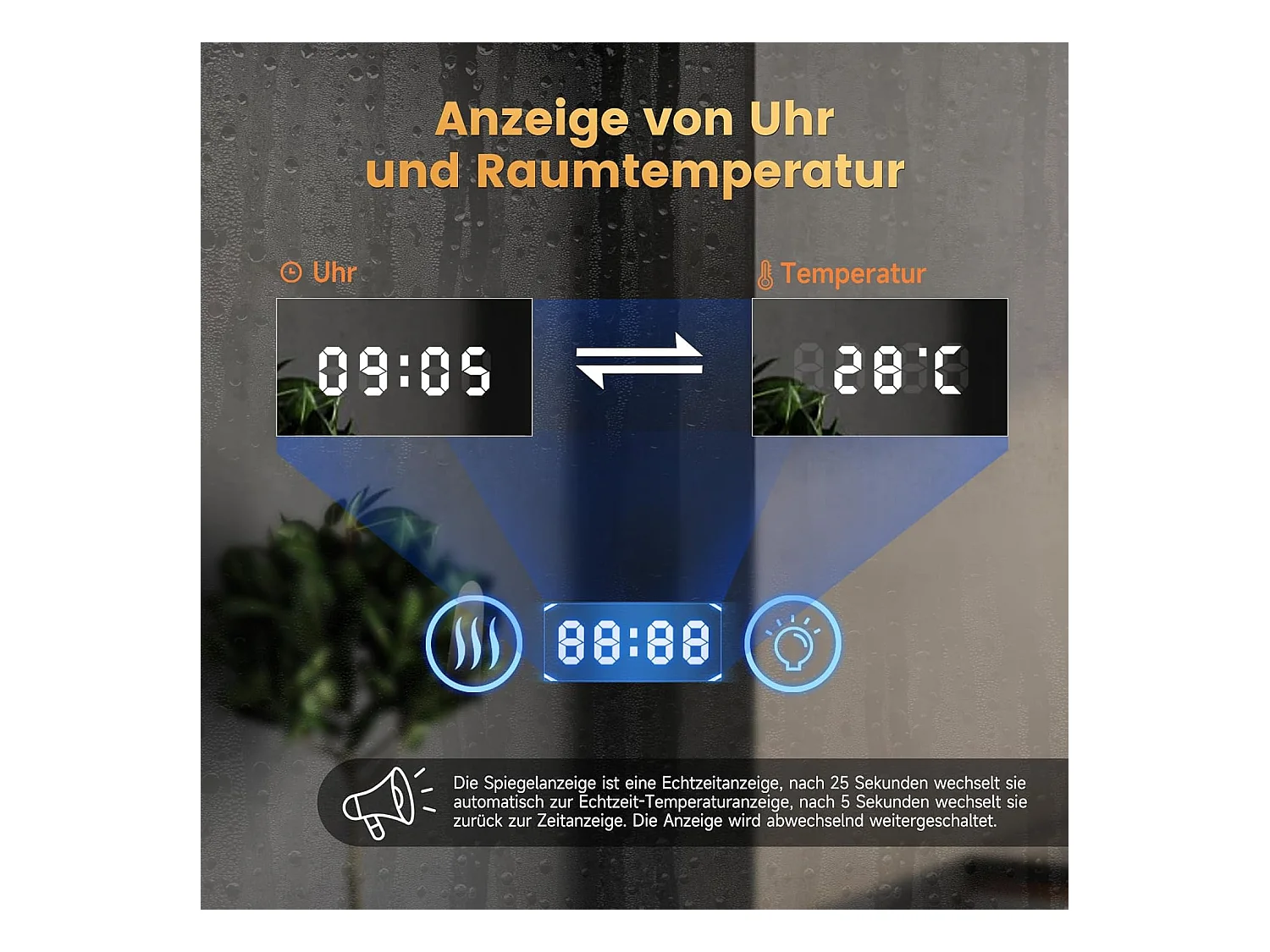 Miroir de Bain Rond YOLEO avec Éclairage, 70 cm, Miroir LED pour Salle de Bain avec Horloge, Thermomètre, Commande Tactile et Verre Sécurit