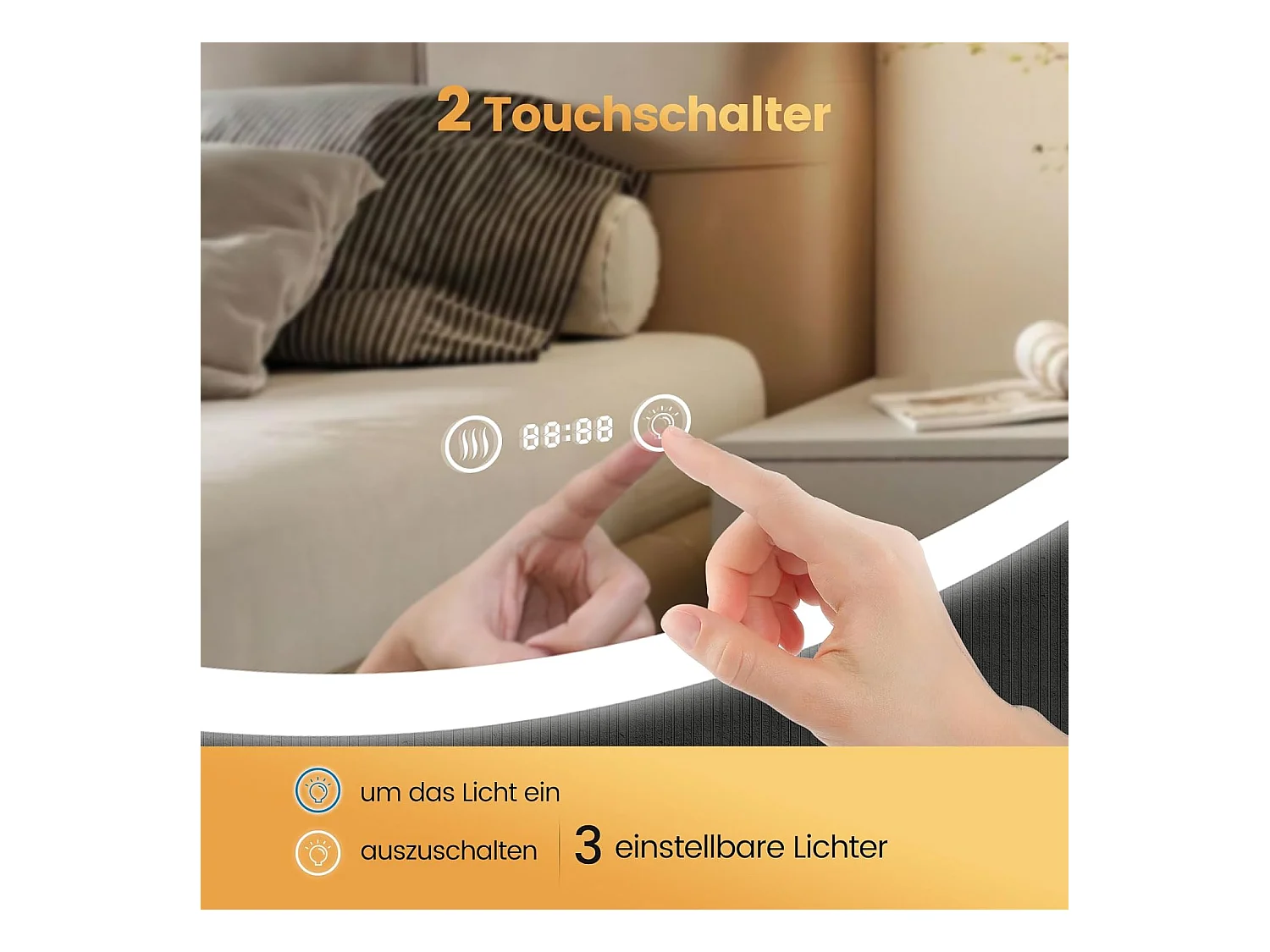 Miroir de Bain Rond YOLEO avec Éclairage, 70 cm, Miroir LED pour Salle de Bain avec Horloge, Thermomètre, Commande Tactile et Verre Sécurit