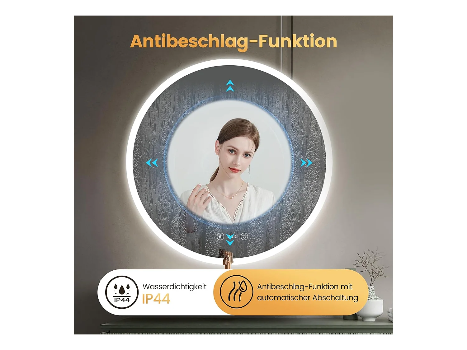 Miroir de Bain Rond YOLEO avec Éclairage, 70 cm, Miroir LED pour Salle de Bain avec Horloge, Thermomètre, Commande Tactile et Verre Sécurit