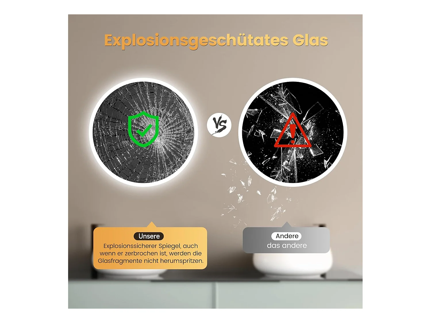 Miroir de Bain Rond YOLEO avec Éclairage, 70 cm, Miroir LED pour Salle de Bain avec Horloge, Thermomètre, Commande Tactile et Verre Sécurit