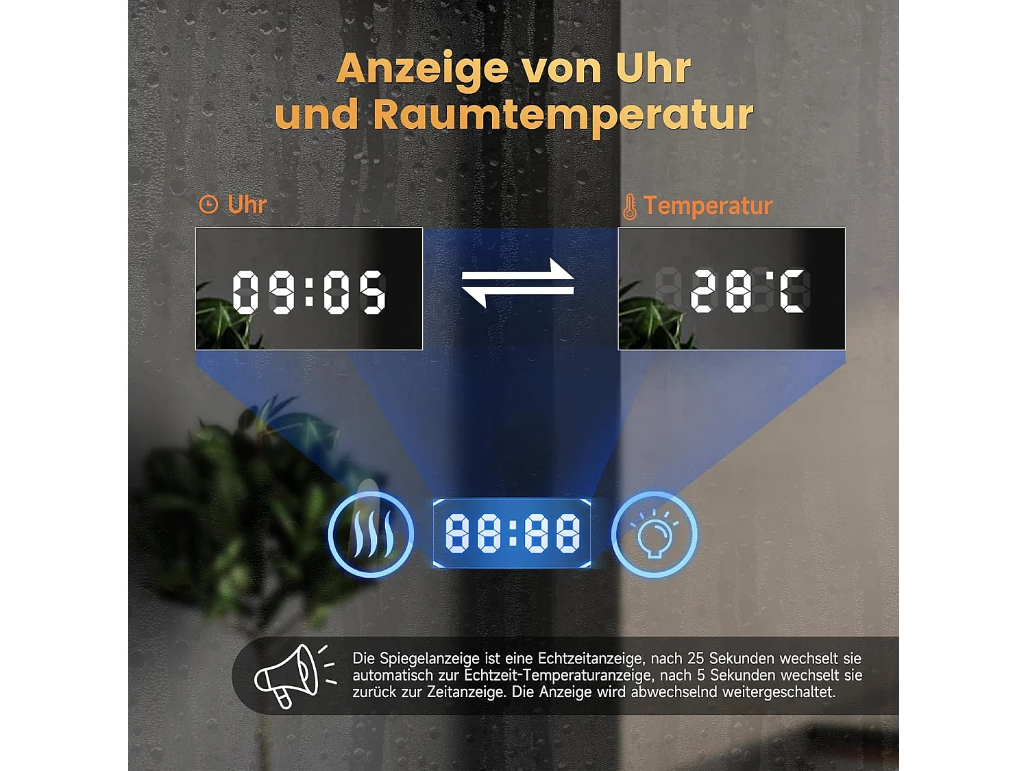 Ronde Badkamerspiegel YOLEO met Verlichting, 70 cm, LED-Badkamerspiegel met Klok, Temperatuur, Touchschakelaar en Veiligheidsglas, 3 Instelbare Lichtkleuren