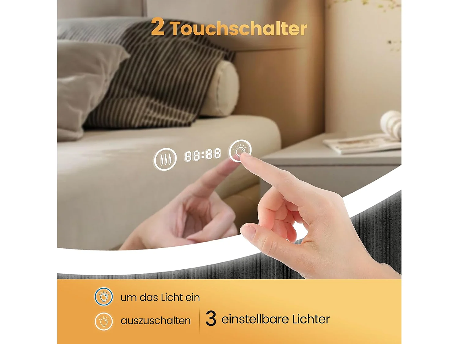 Ronde Badkamerspiegel YOLEO met Verlichting, 70 cm, LED-Badkamerspiegel met Klok, Temperatuur, Touchschakelaar en Veiligheidsglas, 3 Instelbare Lichtkleuren