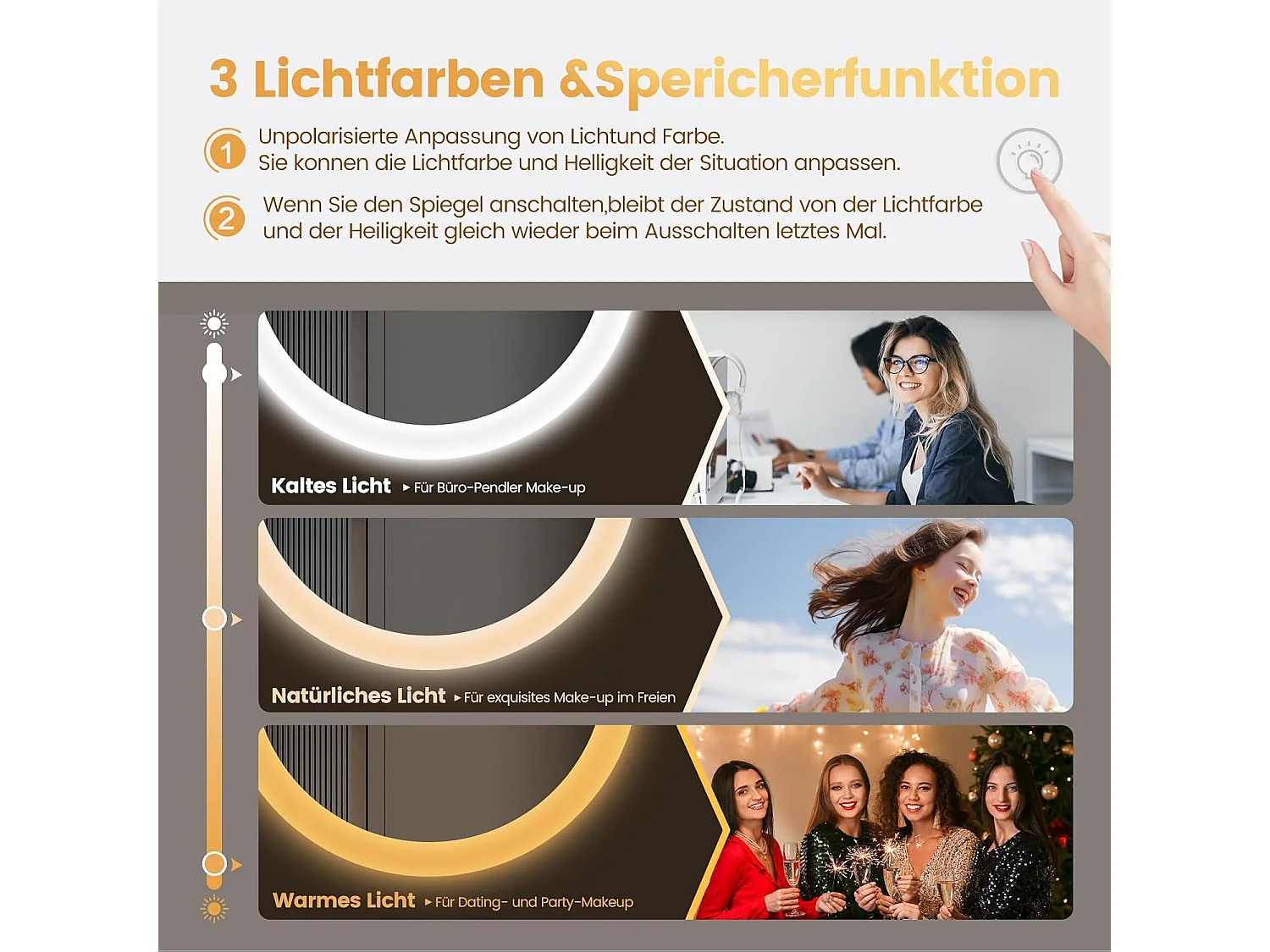 Ronde Badkamerspiegel YOLEO met Verlichting, 70 cm, LED-Badkamerspiegel met Klok, Temperatuur, Touchschakelaar en Veiligheidsglas, 3 Instelbare Lichtkleuren