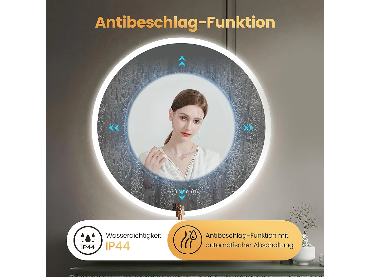 Ronde Badkamerspiegel YOLEO met Verlichting, 70 cm, LED-Badkamerspiegel met Klok, Temperatuur, Touchschakelaar en Veiligheidsglas, 3 Instelbare Lichtkleuren