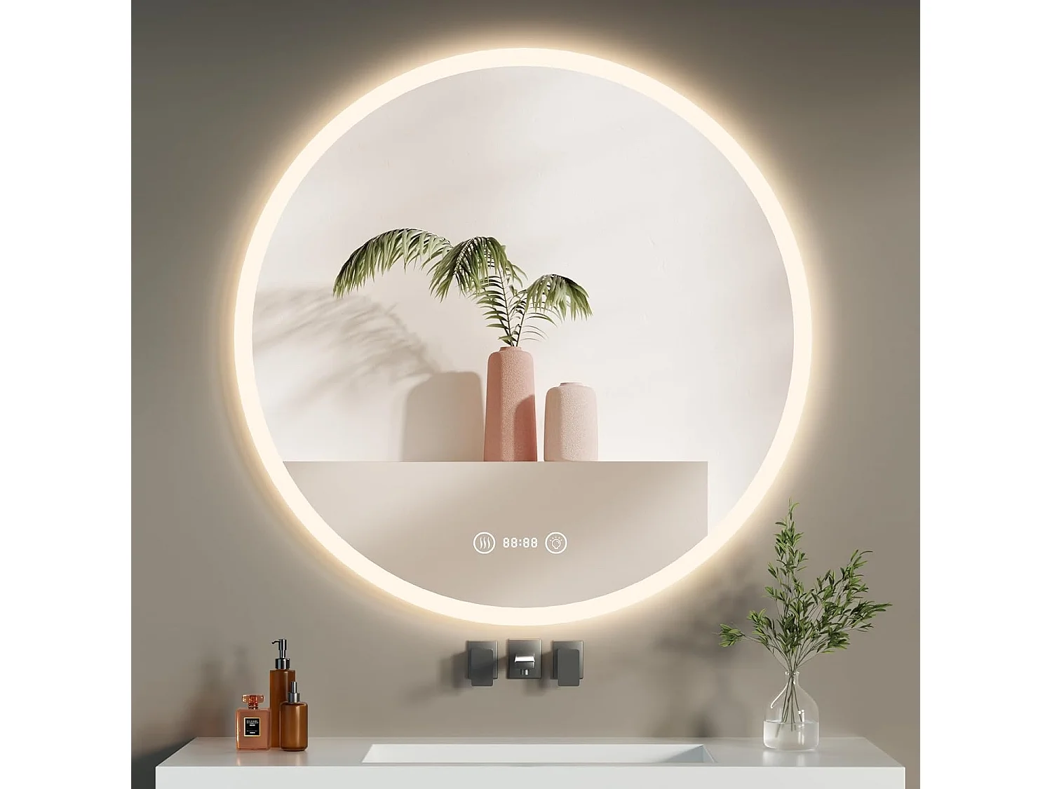 Miroir de Bain Rond YOLEO avec Éclairage, 70 cm, Miroir LED pour Salle de Bain avec Horloge, Thermomètre, Commande Tactile et Verre Sécurit