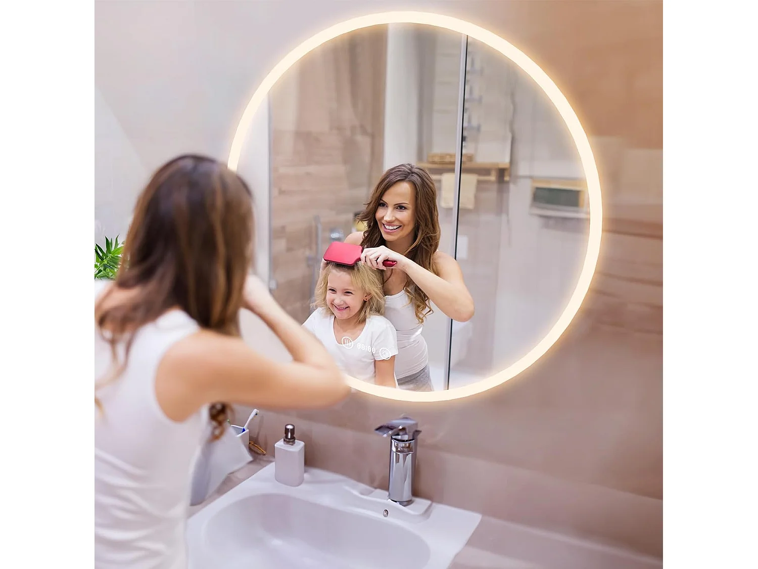 Miroir de Bain Rond YOLEO avec Éclairage, 70 cm, Miroir LED pour Salle de Bain avec Horloge, Thermomètre, Commande Tactile et Verre Sécurit