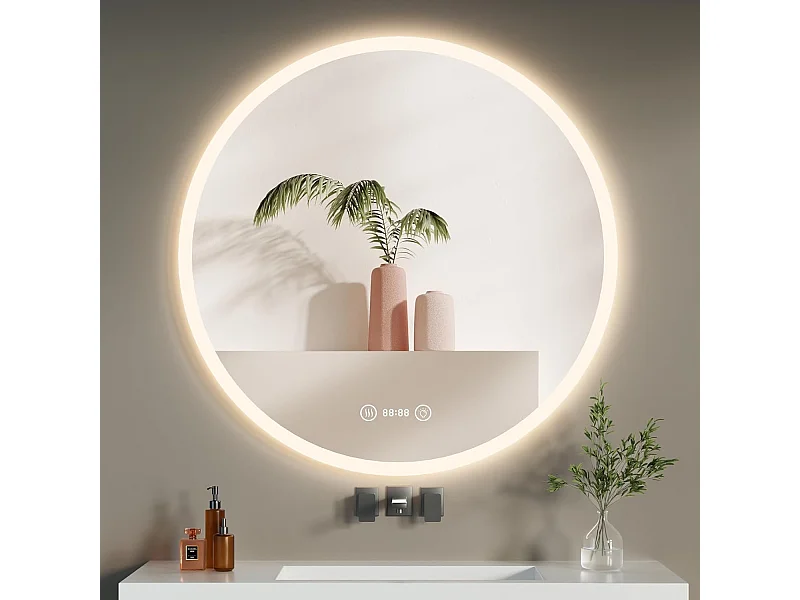 Miroir de Bain Rond YOLEO avec Éclairage, 70 cm, Miroir LED pour Salle de Bain avec Horloge, Thermomètre, Commande Tactile et Verre Sécurit