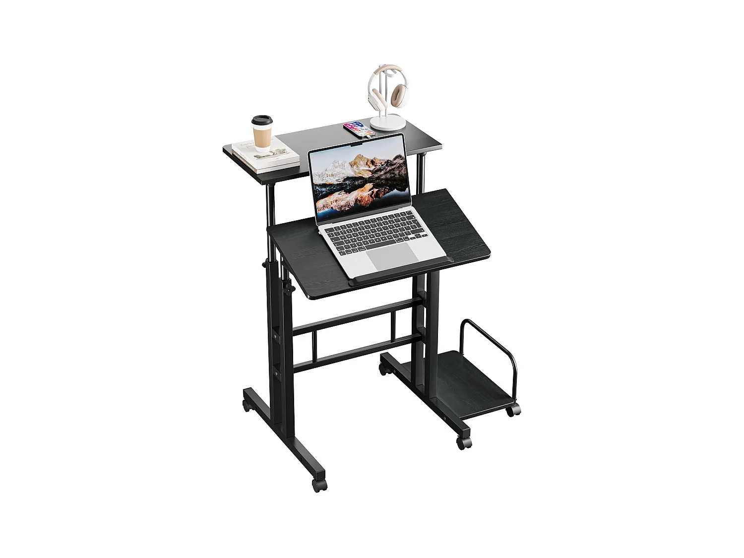 In hoogte verstelbaar sta-bureau 60 x 60 cm met 4 wielen - Laptoptafel - Kantelbaar - voor thuis en kantoor - Zwart