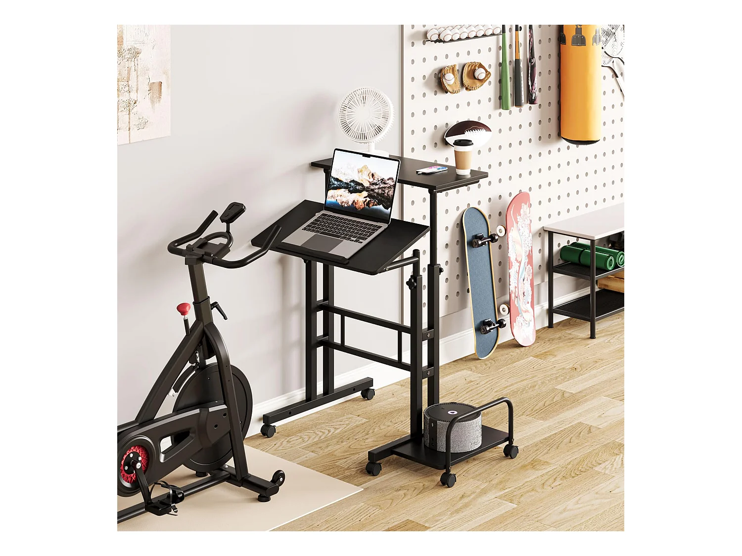 In hoogte verstelbaar sta-bureau 60 x 60 cm met 4 wielen - Laptoptafel - Kantelbaar - voor thuis en kantoor - Zwart