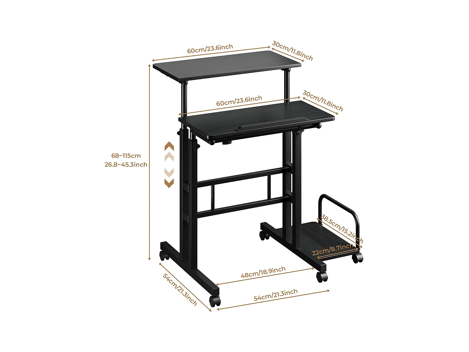 In hoogte verstelbaar sta-bureau 60 x 60 cm met 4 wielen - Laptoptafel - Kantelbaar - voor thuis en kantoor - Zwart