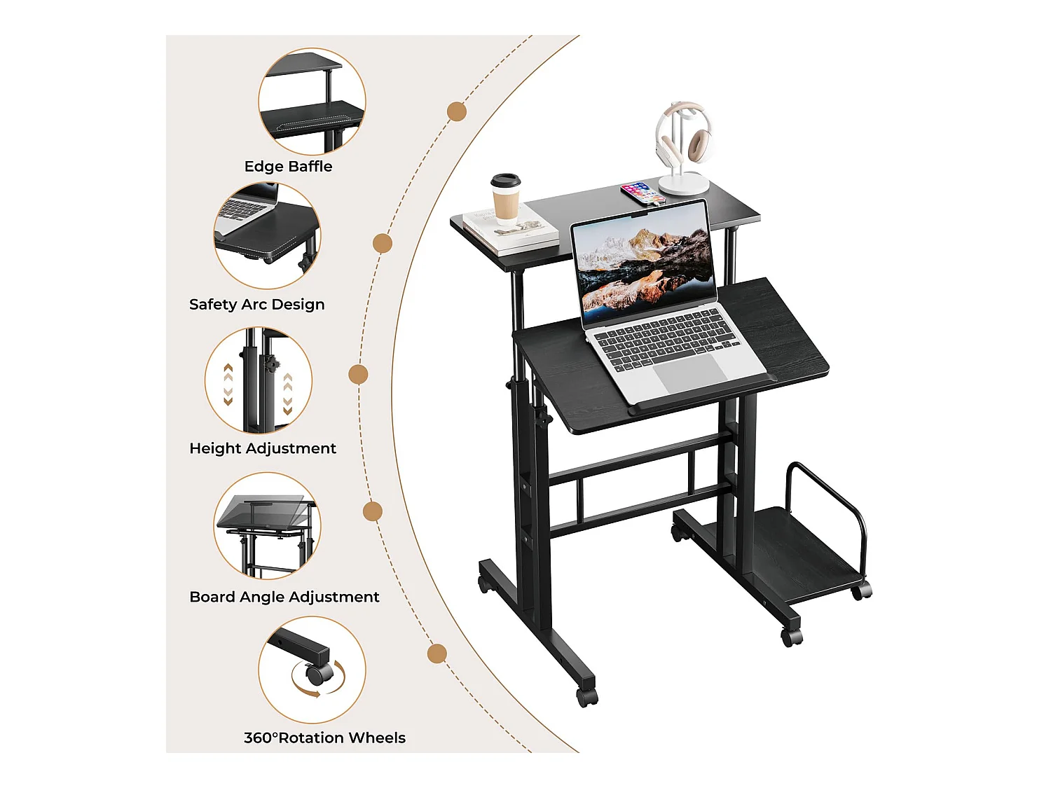 In hoogte verstelbaar sta-bureau 60 x 60 cm met 4 wielen - Laptoptafel - Kantelbaar - voor thuis en kantoor - Zwart