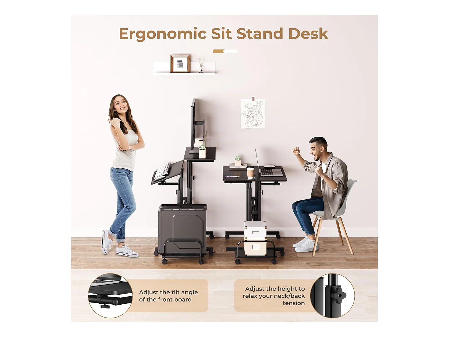 Bureau Debout réglable en Hauteur 60 x 60 cm avec 4 roulettes - Table pour Ordinateur Portable - Inclinable - pour la Maison et Le Bureau - Noir